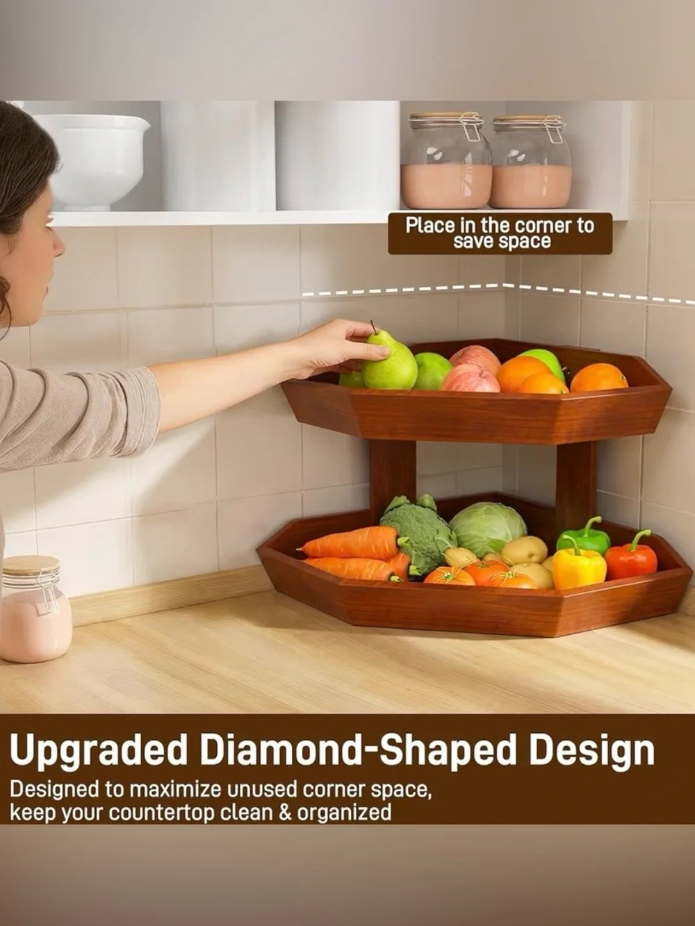 Wooden 2-Tier Fruit Basket for Kitchen Counter Space-Saving Organizer